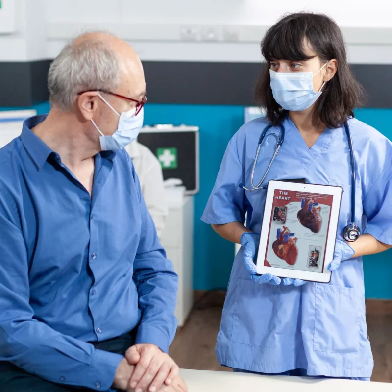 A medical assistant explaining a cardiology model to a patient